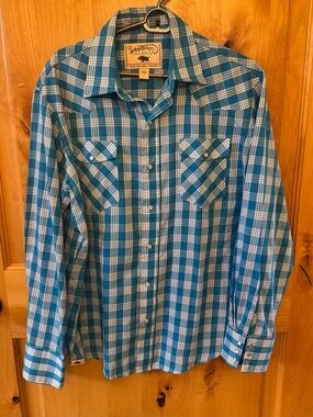 Men's Western Aloha blue/teal plaid pearl snap western shirt.